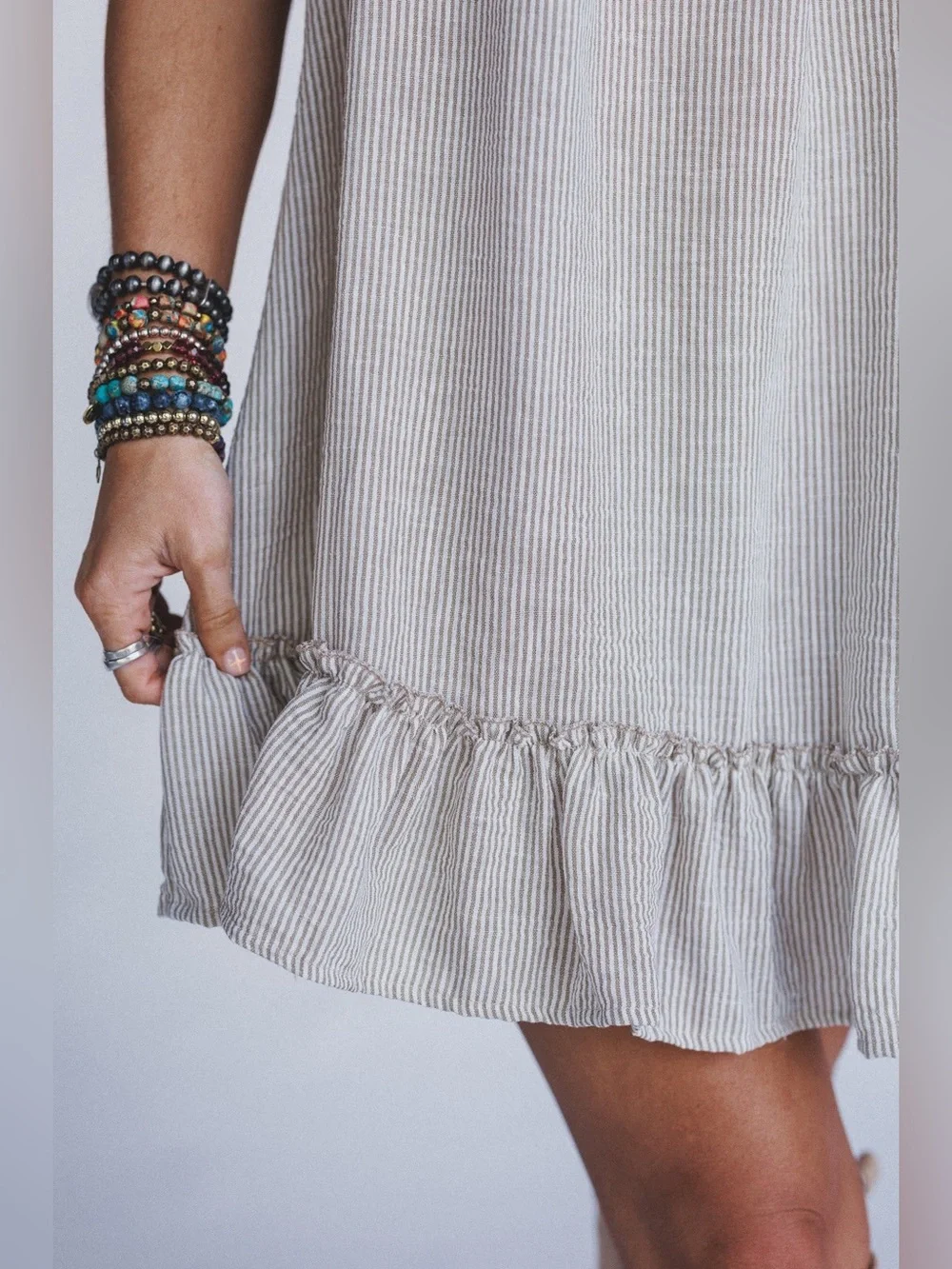 Three Bird Nest Solace Ruffled Hem Dress Beige Striped Puff Sleeve Boho Small - Picture 3 of 12